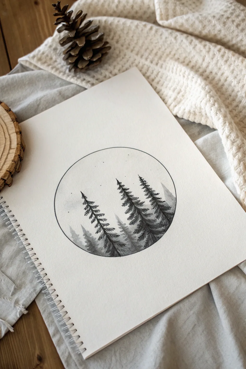 Pine tree line hugging a circle arc, minimalist and calm with a soft sky wash inside