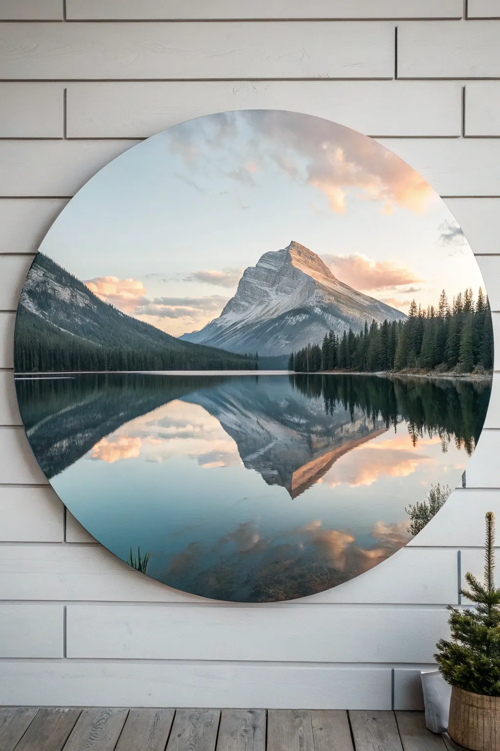 Minimal circle painting: mountain peak and soft lake reflection, serene symmetry in muted tones