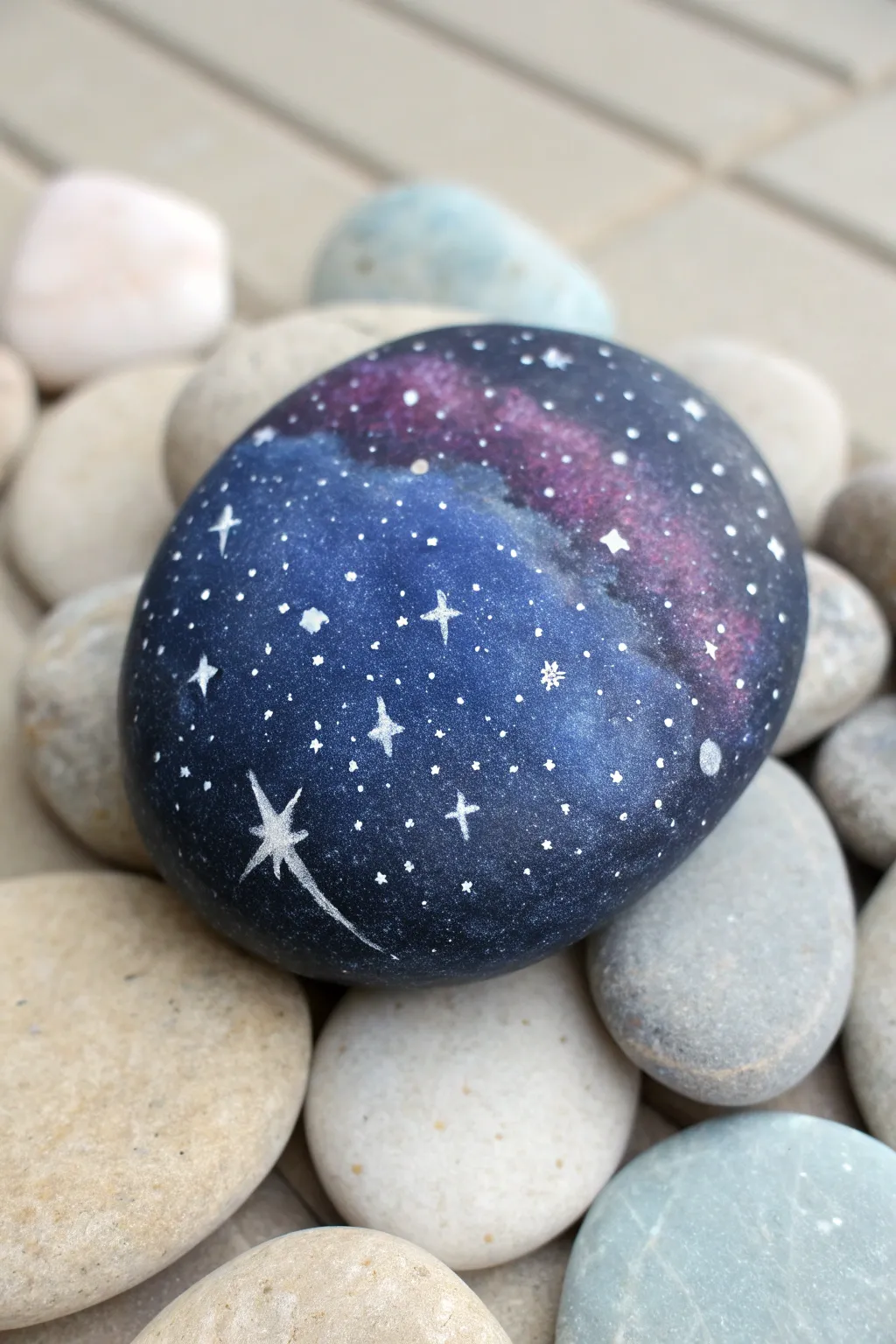Galaxy orb night sky circle rock painting with crisp stars and a soft highlight for depth