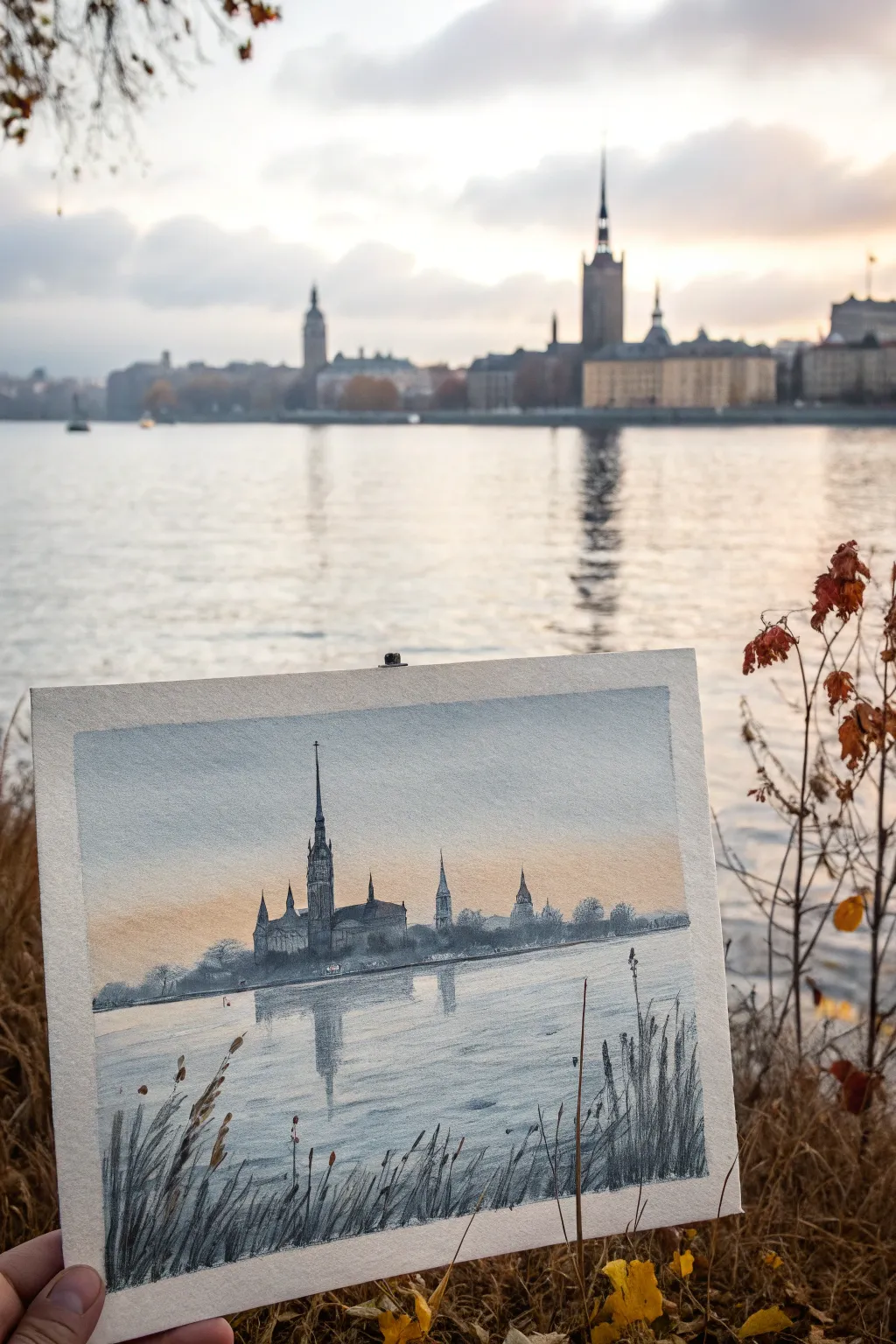 Minimal watercolor waterfront skyline with shimmering reflections, an elegant city painting idea