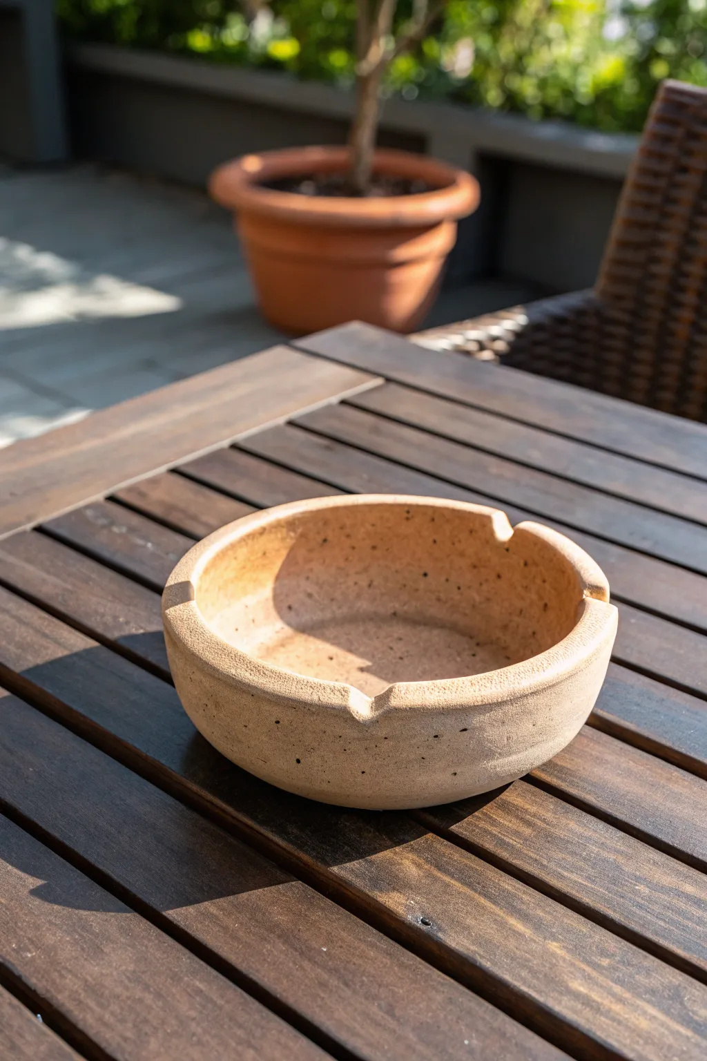 Deep bowl clay wind-guard ashtray with tall sides and a notched rim, made for breezy patios.