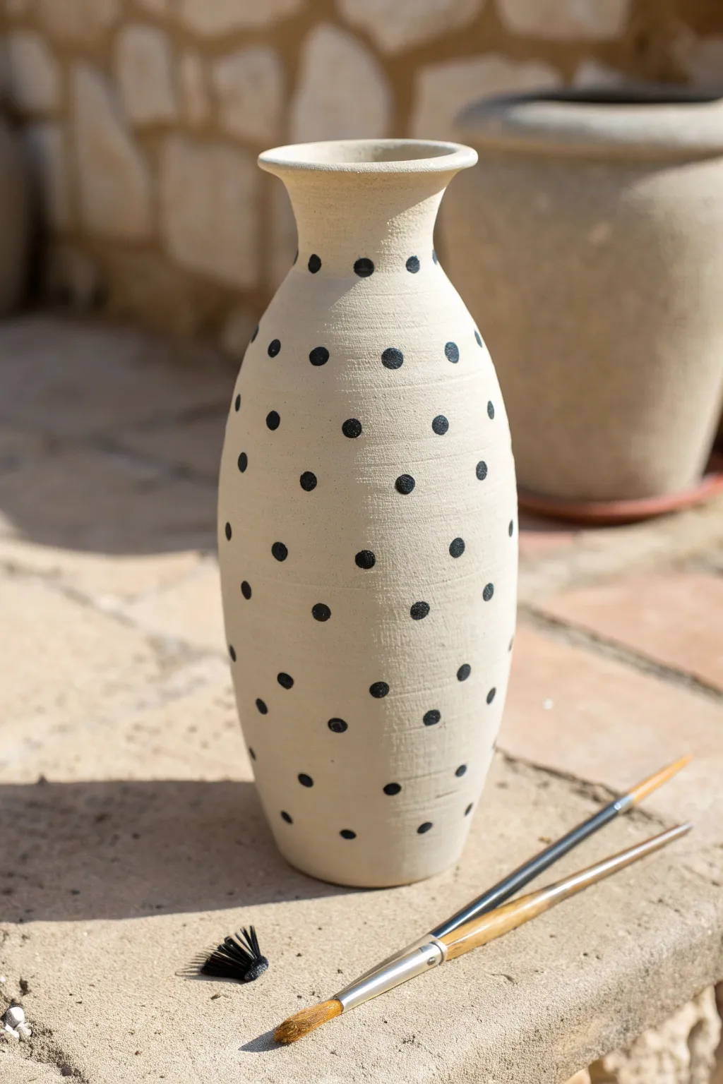 Playful polka dots wrap around a matte clay vase for a crisp, modern handmade look.