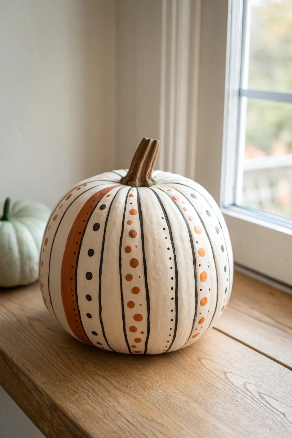Easy no-carve pumpkin decor: one painted pumpkin with stripes and polka dots, calm Nordic palette.