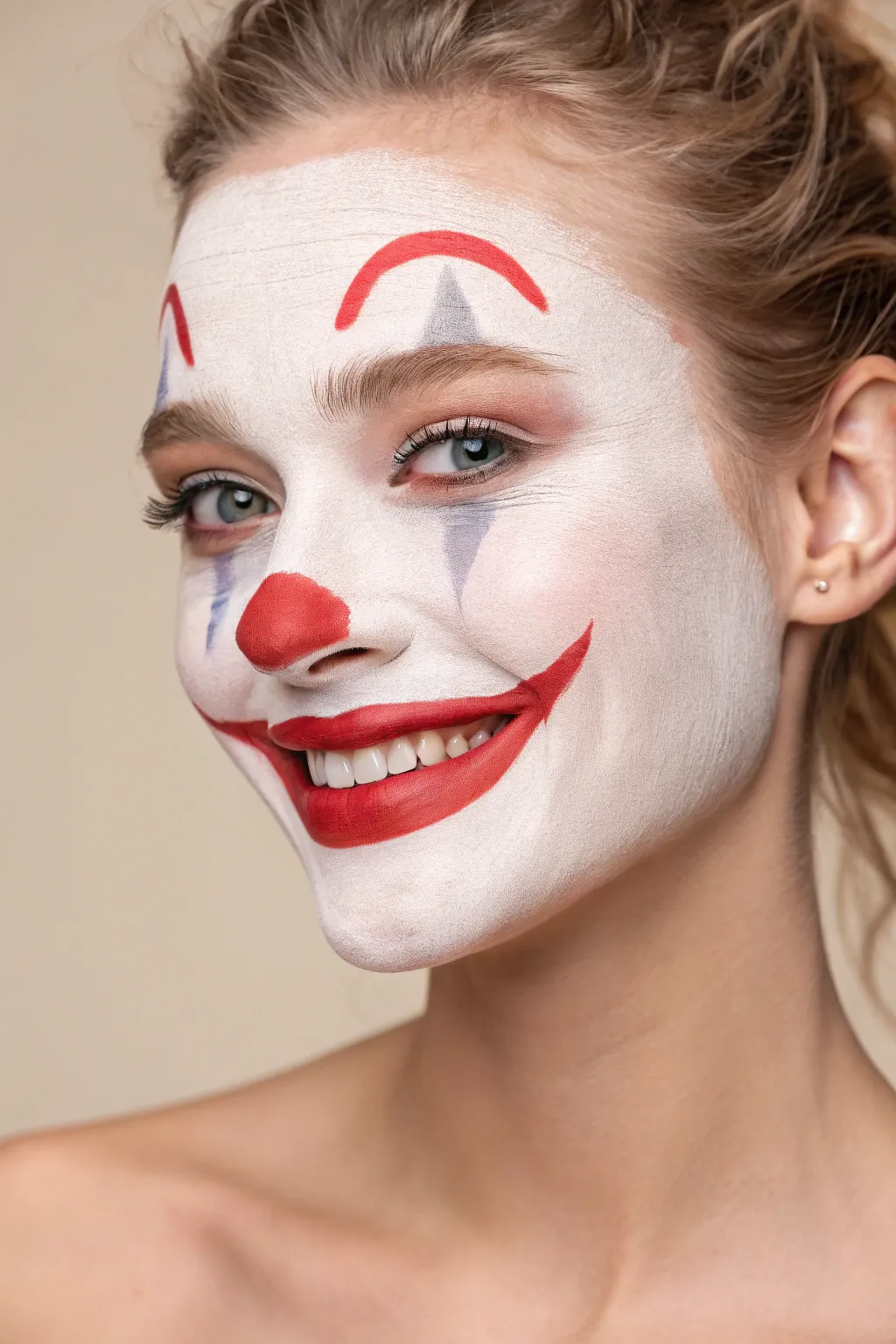 Capture the charm of the Auguste clown with this joyful, minimalist face paint design.