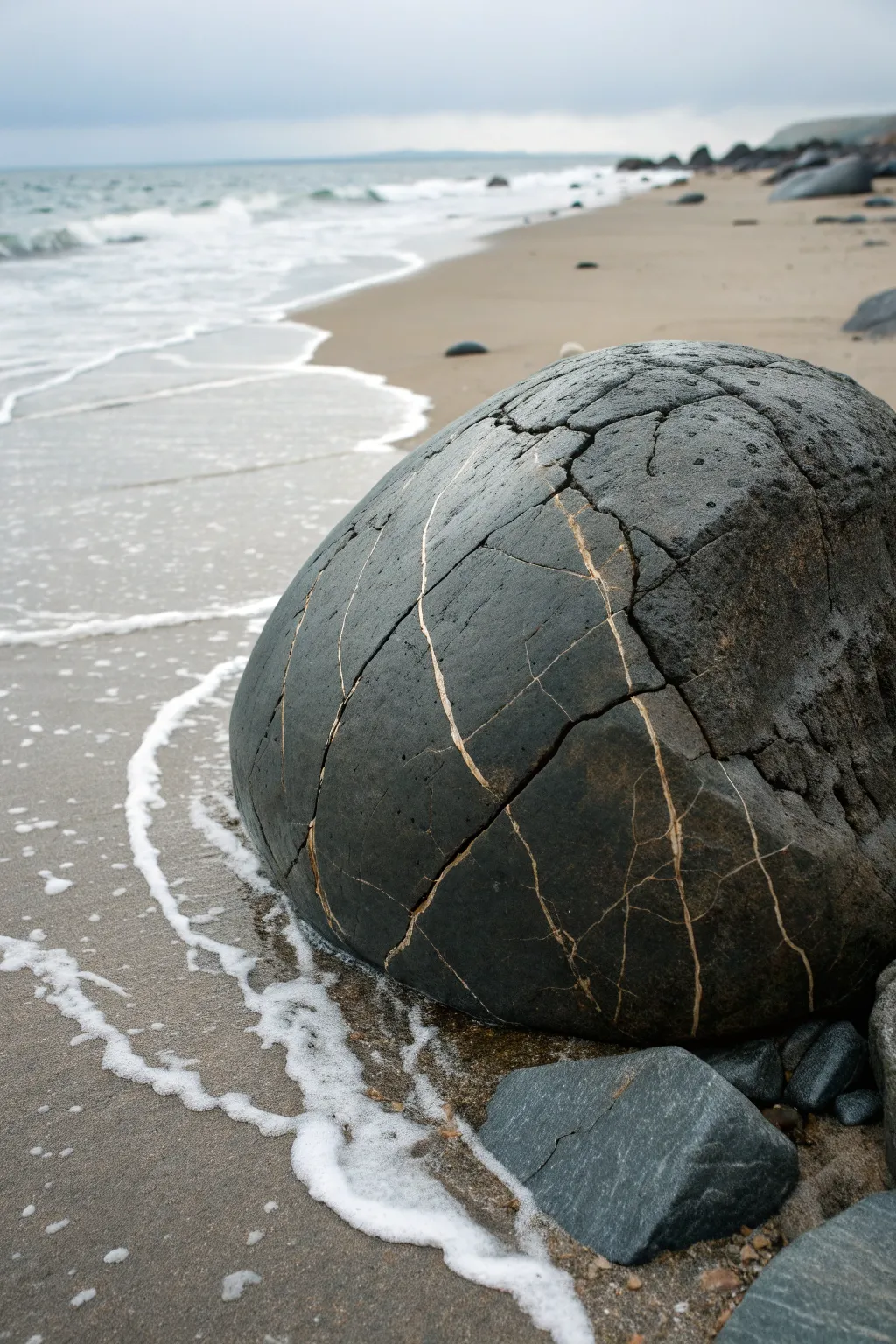 Rocky coast texture study: dark wet stone, sea foam edges, and sparkling spray highlights