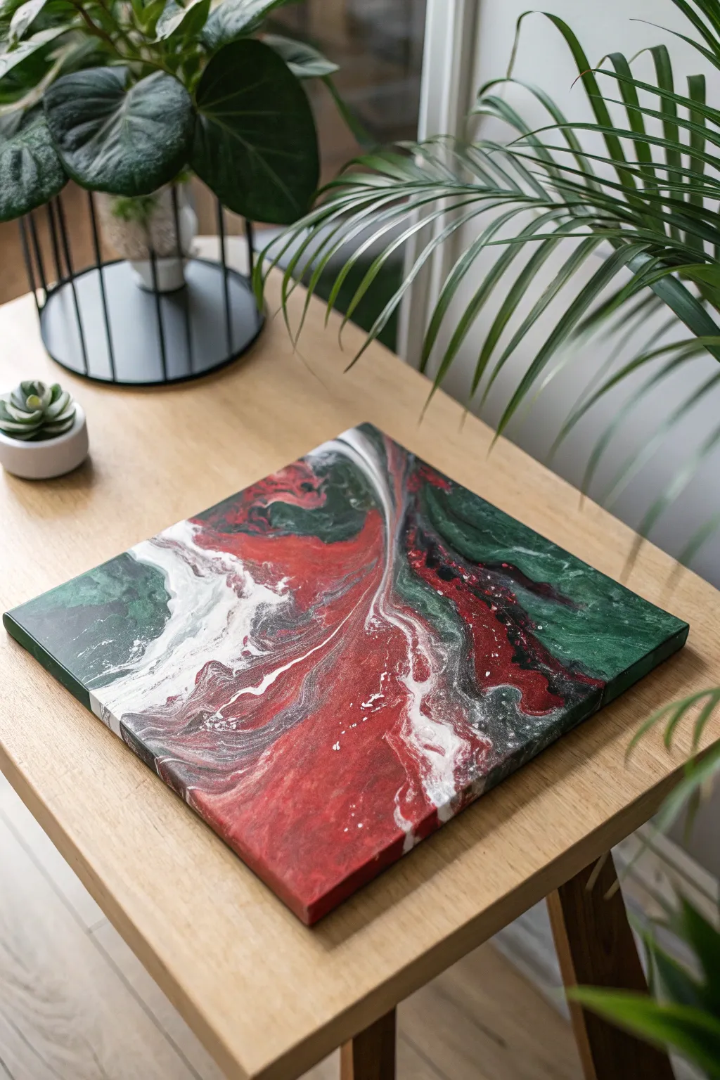Red + green pour palette with white and charcoal neutrals for crisp, dramatic contrast