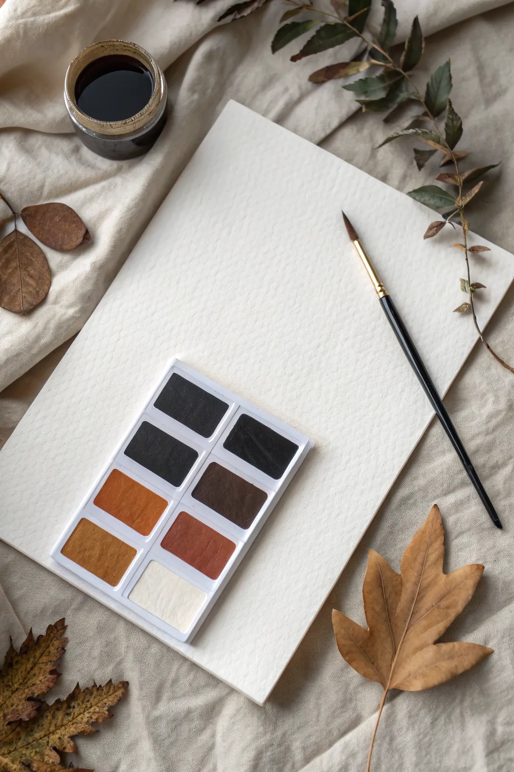 High-contrast black, ivory, charcoal and warm tan swatches with a bold minimalist ink study