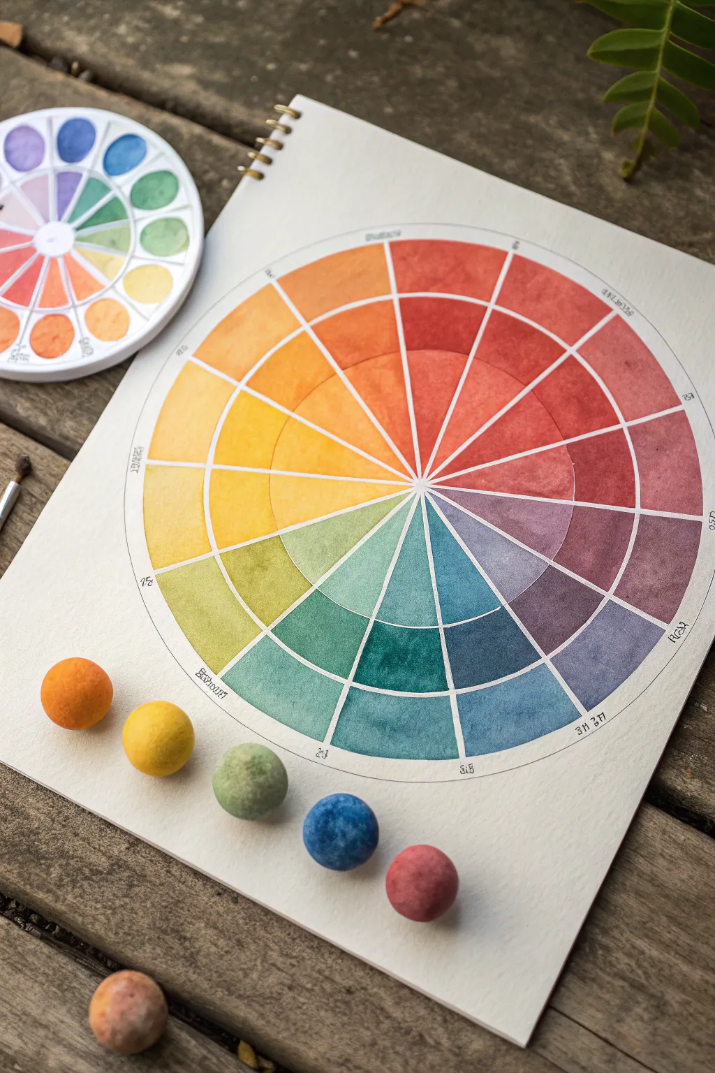 Warm vs cool split color wheel study with minimalist Scandinavian styling and soft boho craft detail.