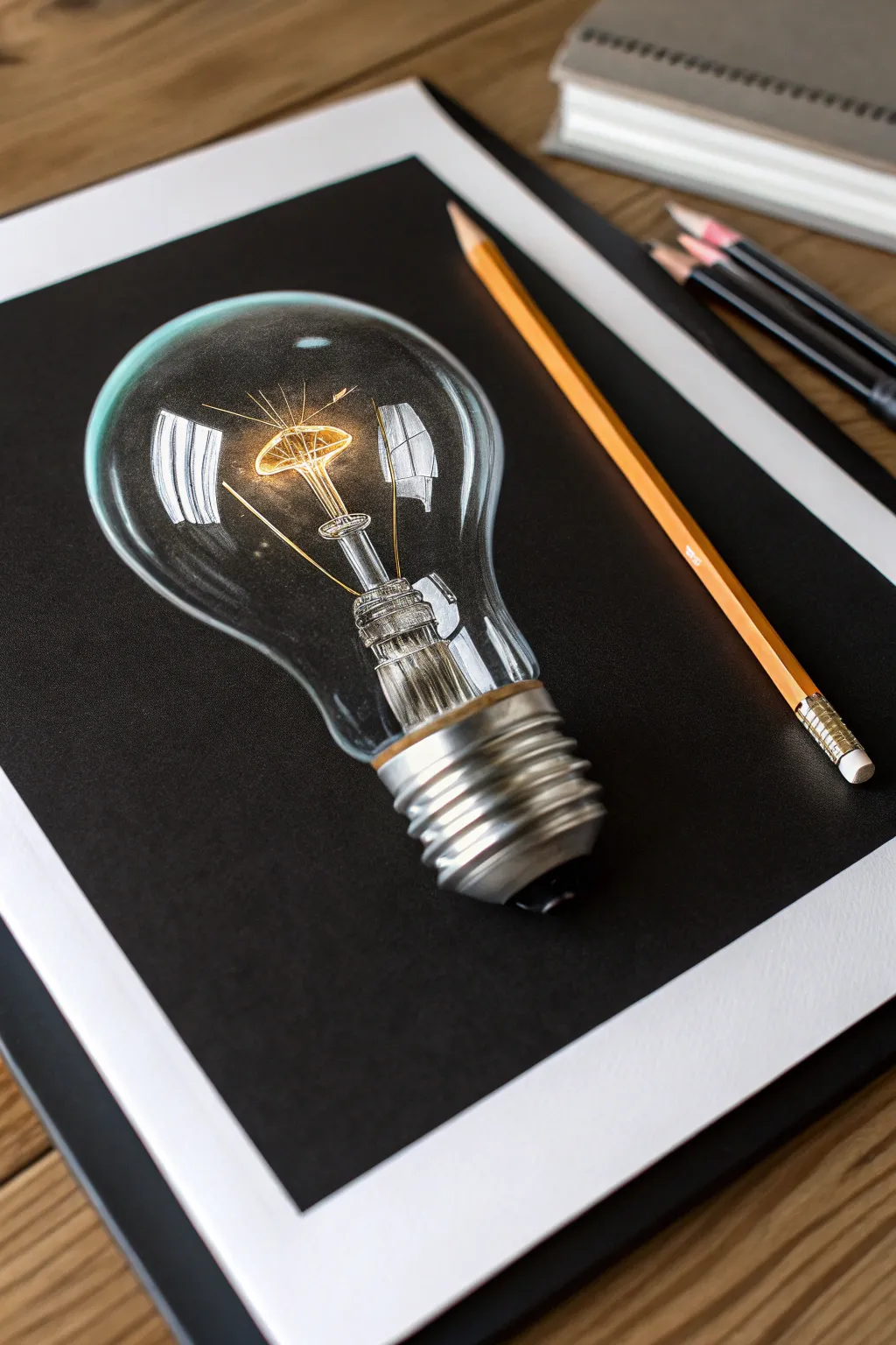 High-contrast lightbulb study in colored pencil on black paper with warm glow and crisp reflections