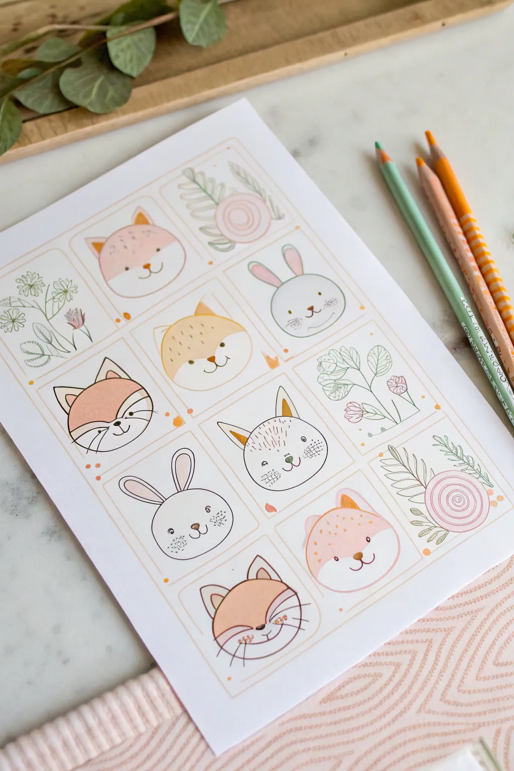 Soft pastel animal face portraits on a clean minimalist coloring page, cute and calming