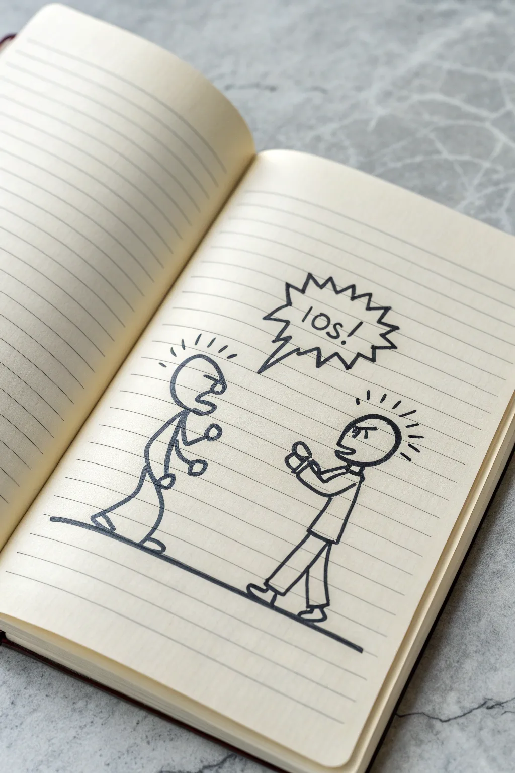 Minimal conflict sketch: two stick figures arguing with pointing hand, fists, and jagged speech bubbles