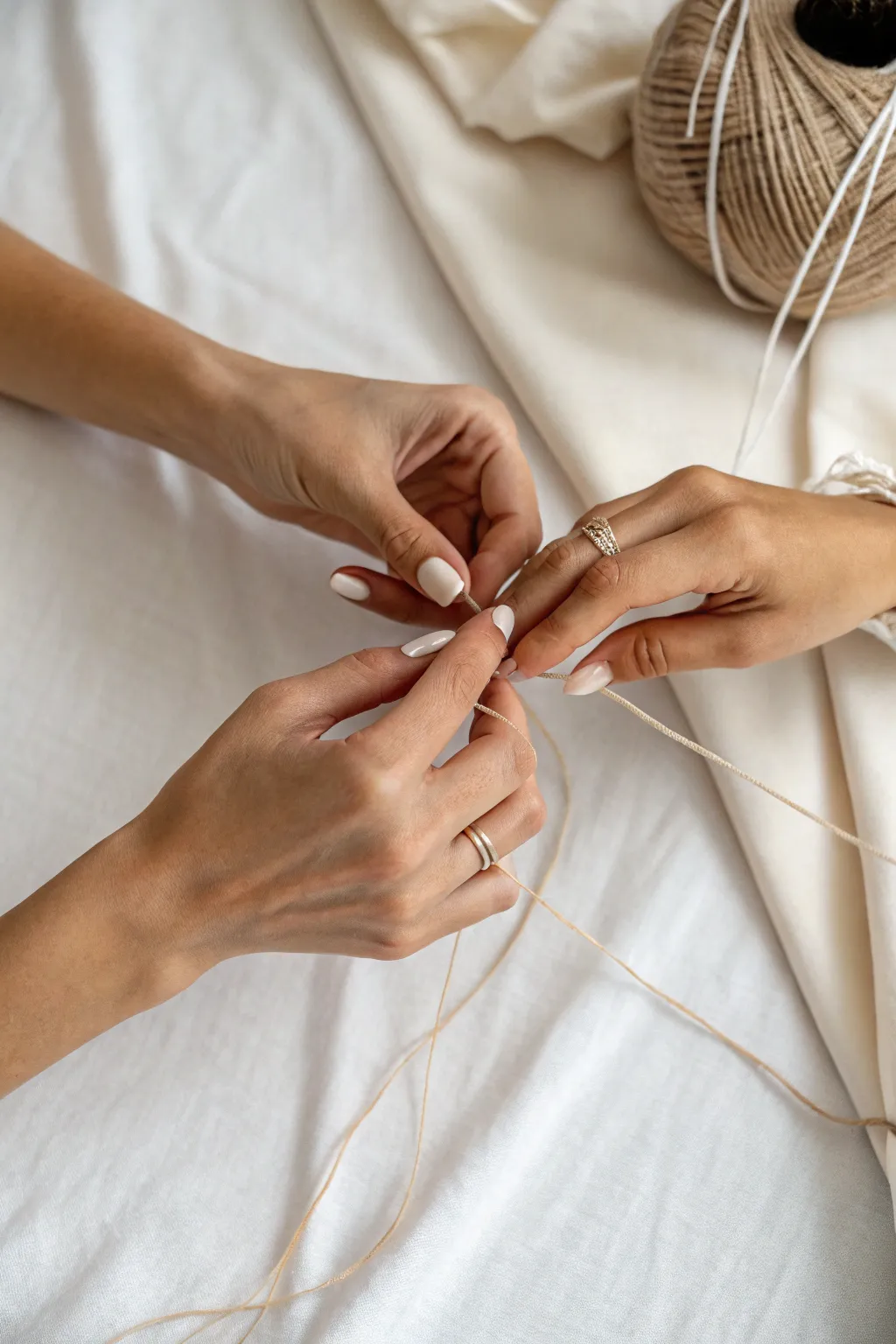 A single thread linking intertwined fingers, a minimalist symbol of connection for sketching practice.