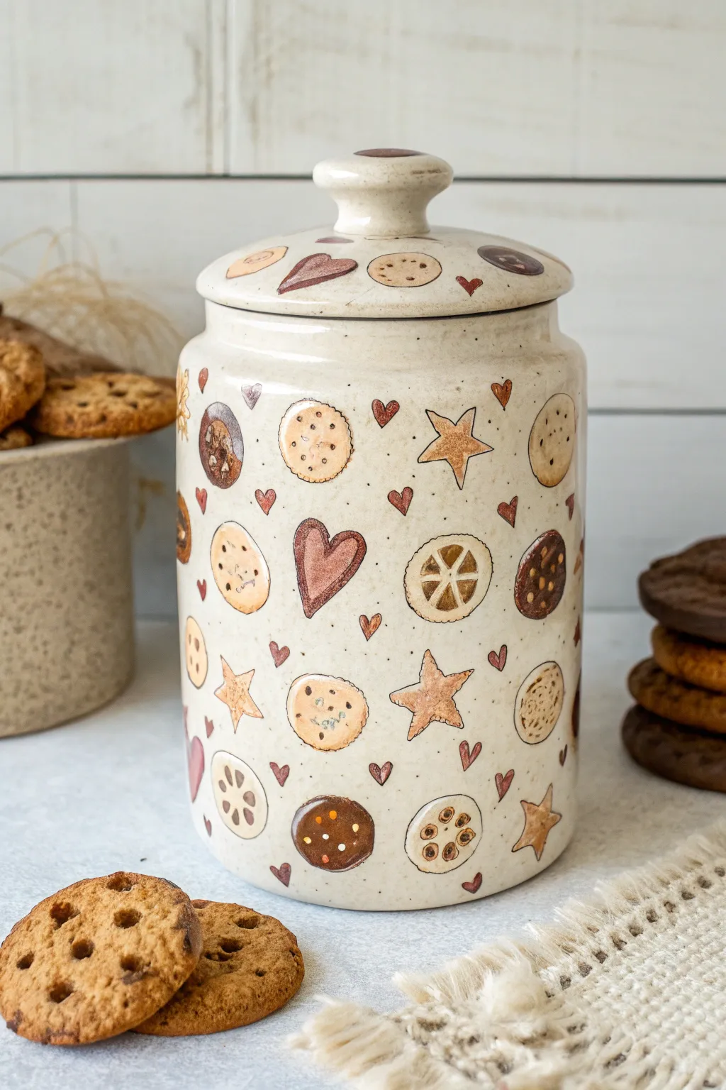 Minimalist painted cookie jar with a cute cookie assortment pattern on a bright, airy background