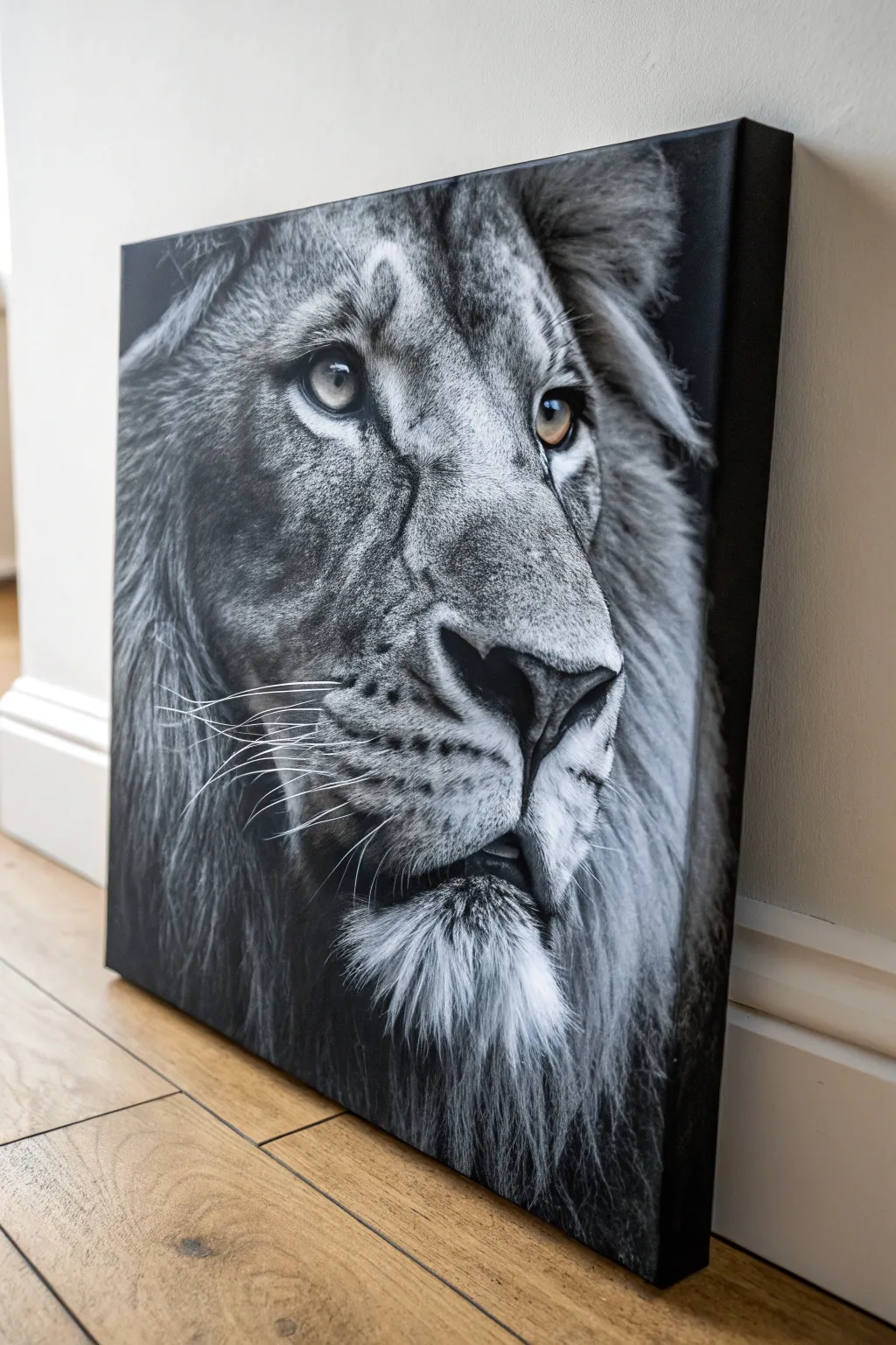 Bold hard-edge lion canvas in black and white, clean lines and strong contrast for modern wall art