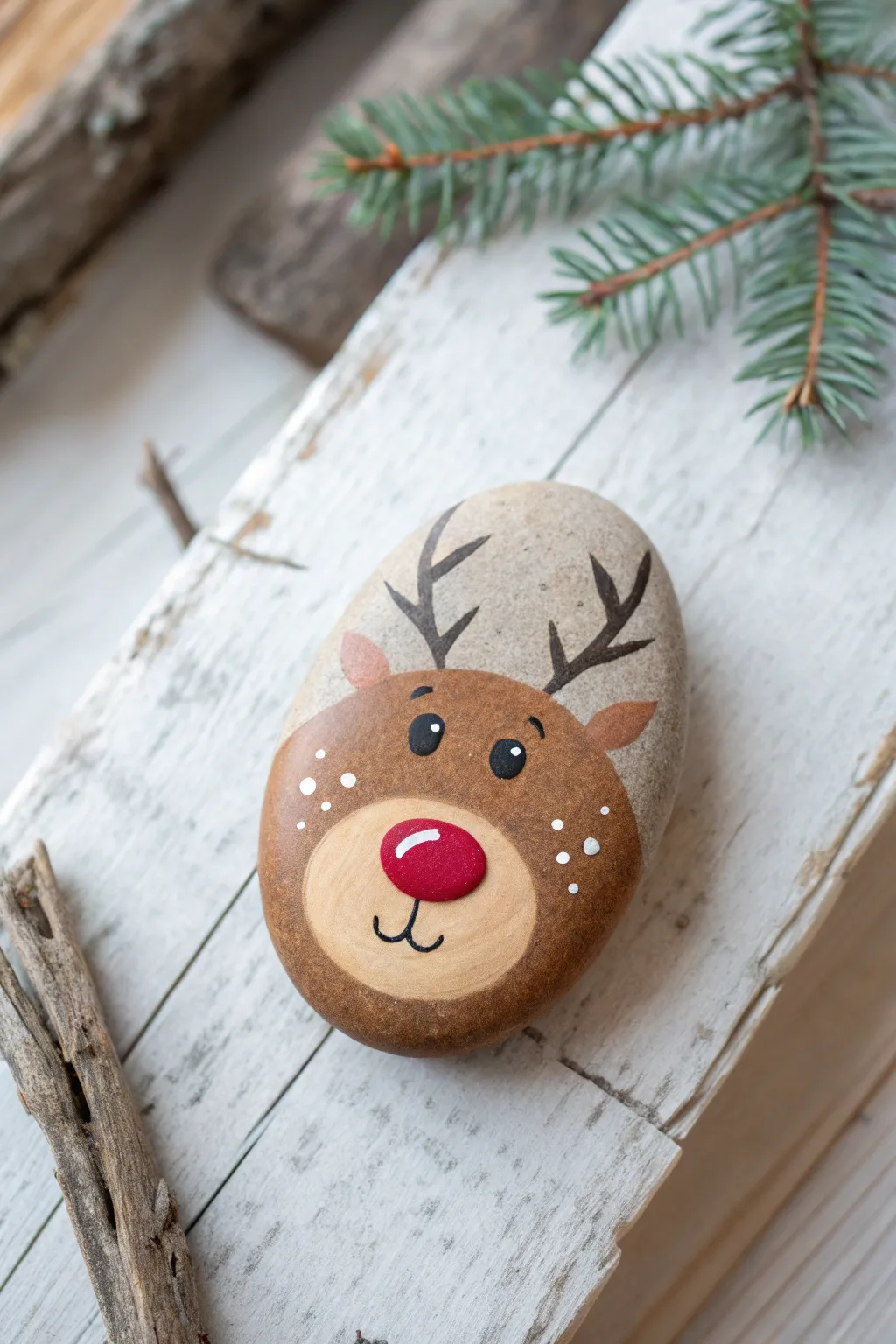 Sweet reindeer rock with bright red nose, simple Nordic-boho style for festive painting ideas