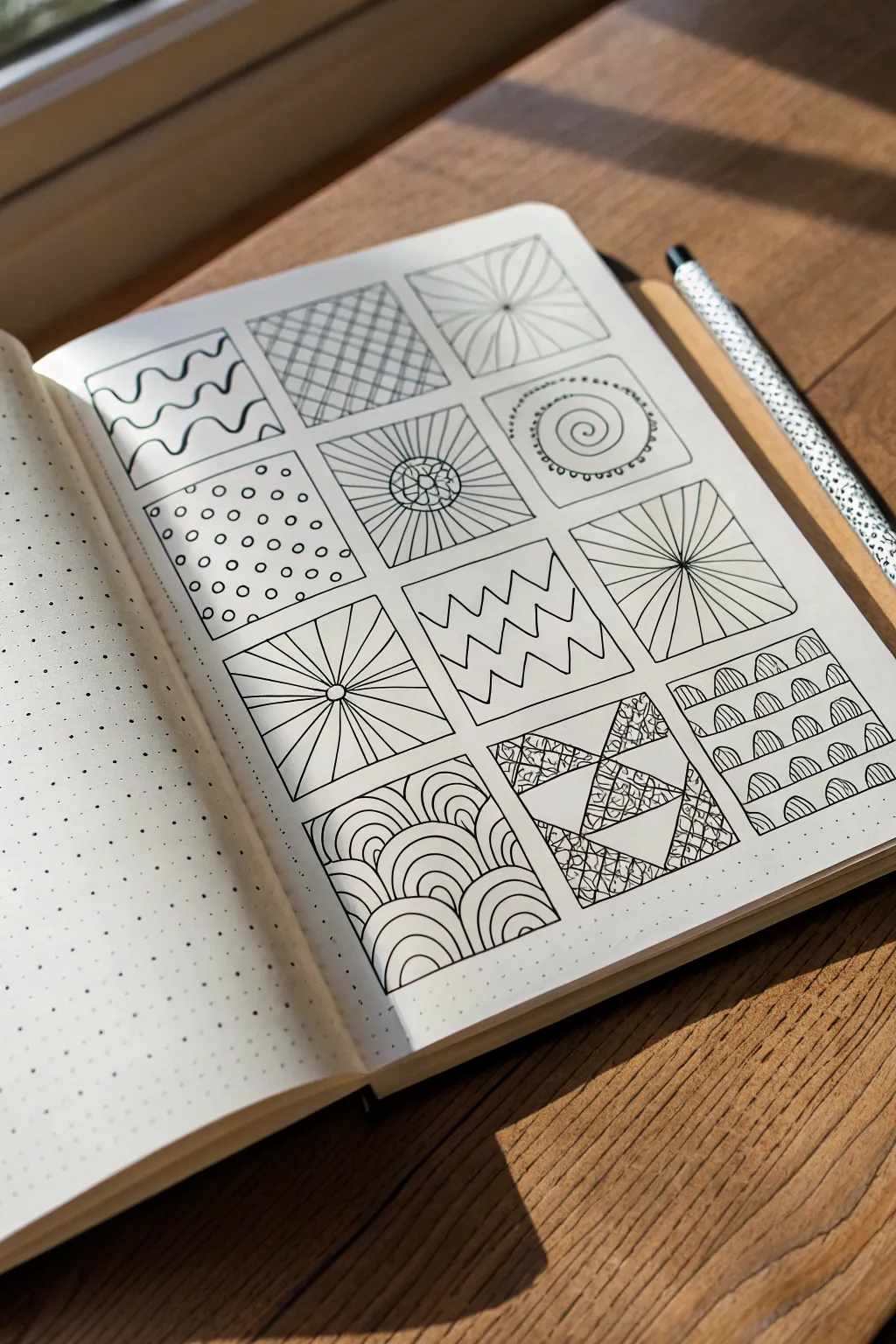 Try a 4x4 doodle grid challenge with clean repeating patterns for instant cool drawing ideas