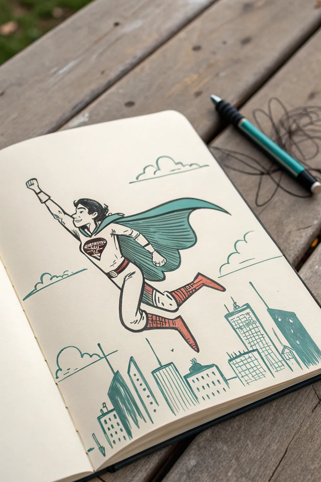 Design a bold comic superhero with a flowing cape and clean action lines, perfect for young artists