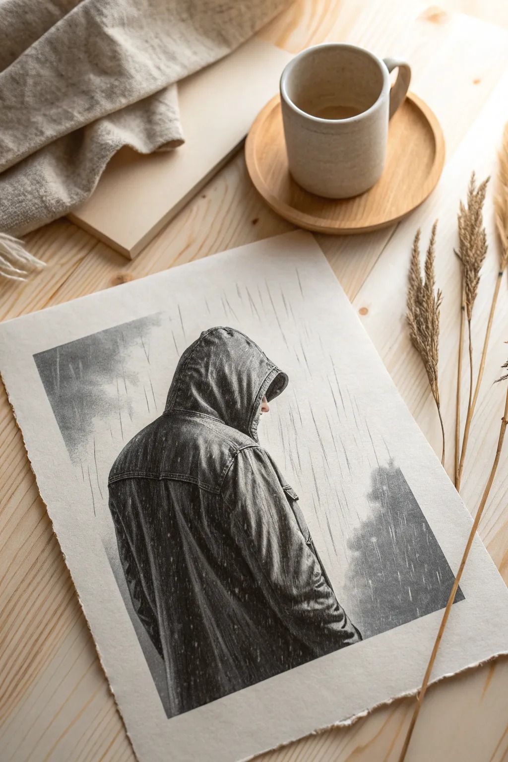 Sketch a mysterious hooded figure in the rain to master moody atmosphere and shading techniques.