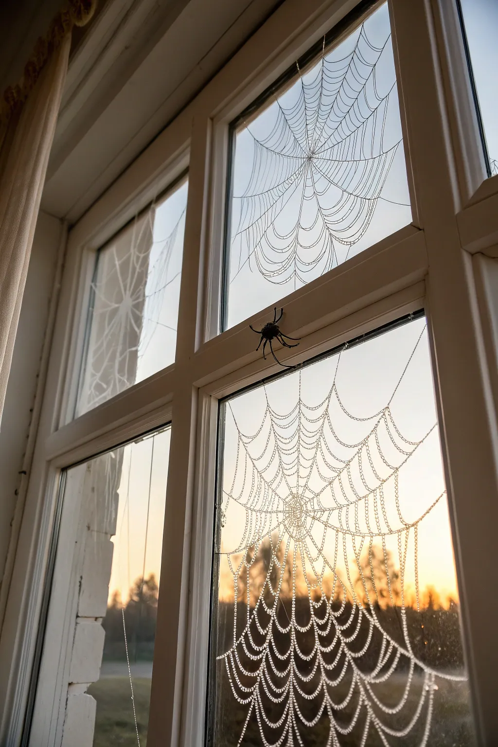 Lace-like corner spiderwebs and a tiny hanging spider for a chic minimalist Halloween window