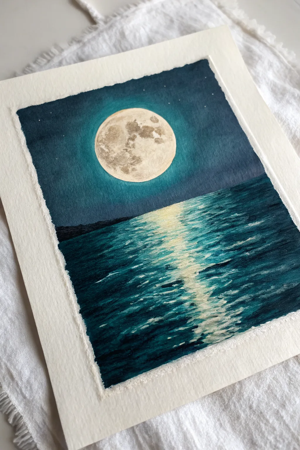 Moonlit ocean oil pastel idea: bold moon, calm ripples, and a glowing reflection path