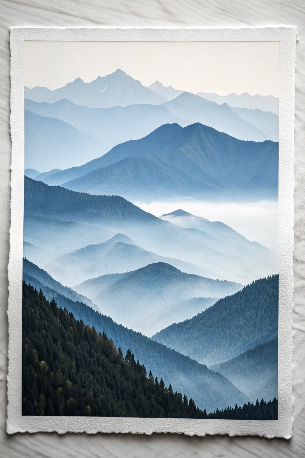 Misty layered mountain peaks in minimalist watercolor tones, a dreamy atmospheric painting idea