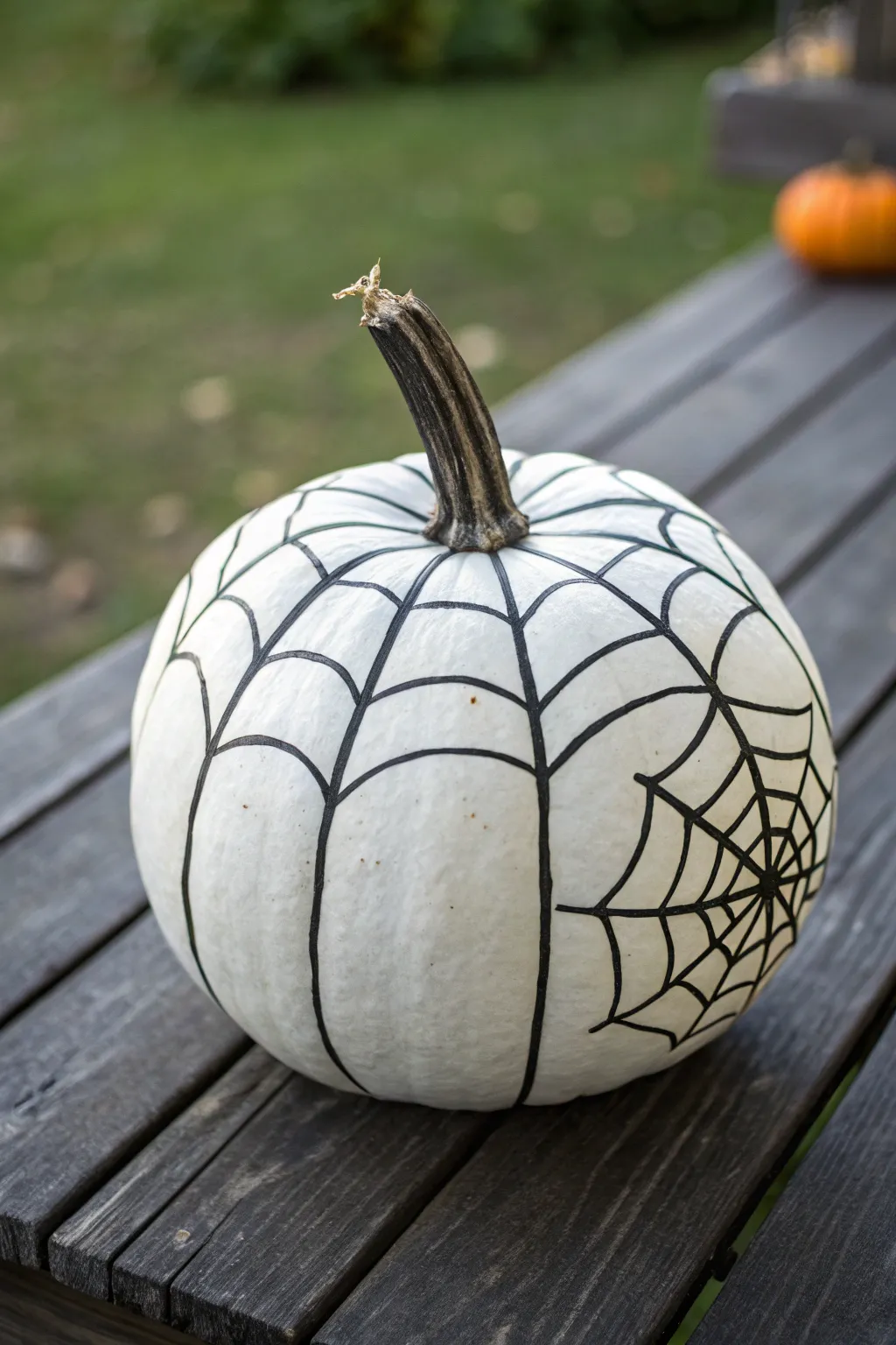 Cool white pumpkin with bold black spiderweb lines, styled on dark wood for crisp contrast.