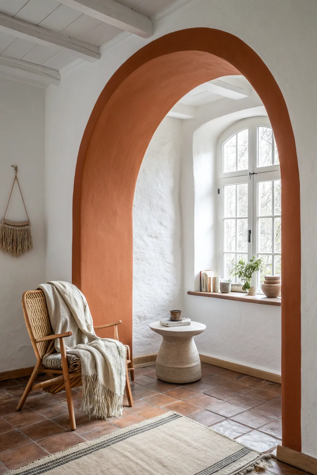 A wraparound terracotta arch turns a plain corner into a calm, cozy reading nook.
