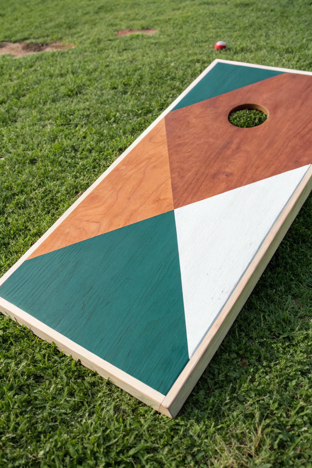 Diagonal color-block cornhole board in bold hues, Scandinavian boho outdoor inspo