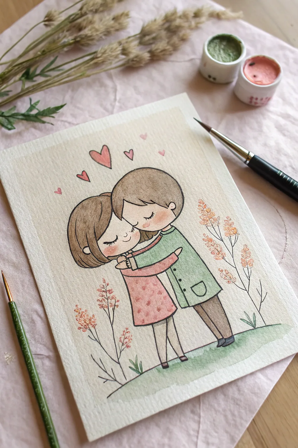 Paint a sweet chibi couple hug in soft pastels for an easy cozy cartoon portrait together