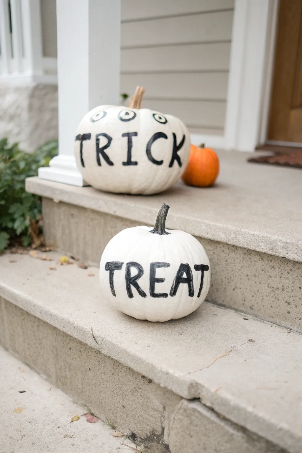 Minimal porch still life: two hand-painted pumpkins showing Trick and Treat in bold contrast.