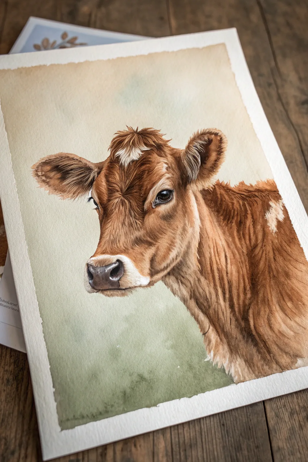 Jersey cow portrait in caramel browns with creamy highlights on a soft sage and beige wash.