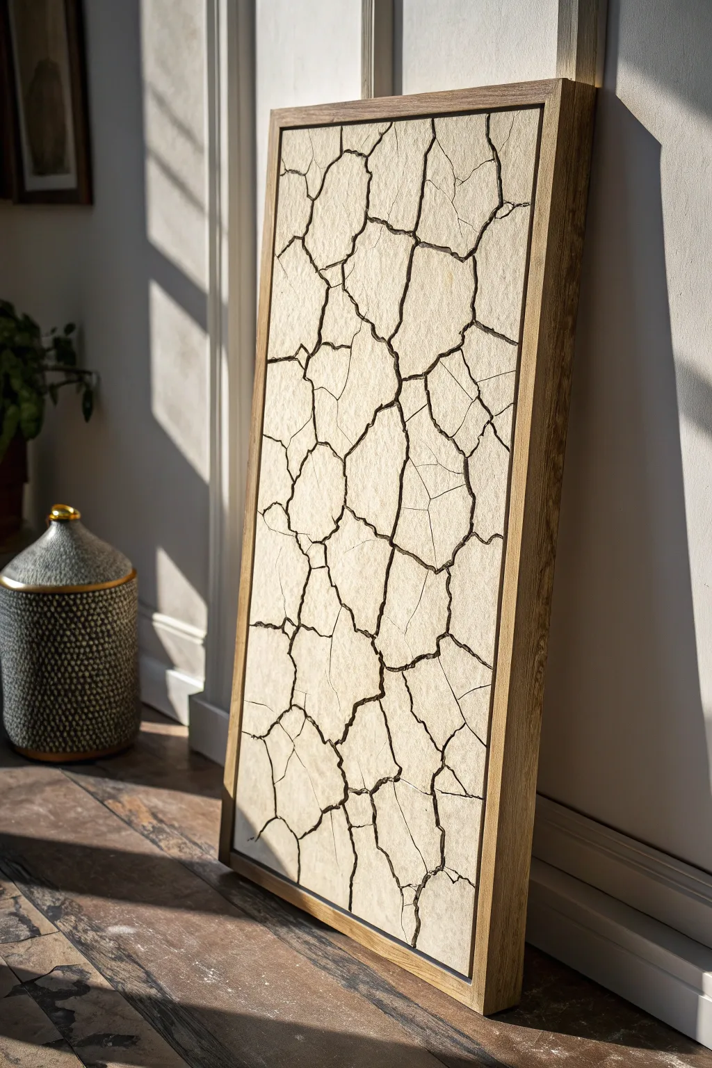 Moody dark-over-light crackle finish with dramatic side light for rich, tactile texture