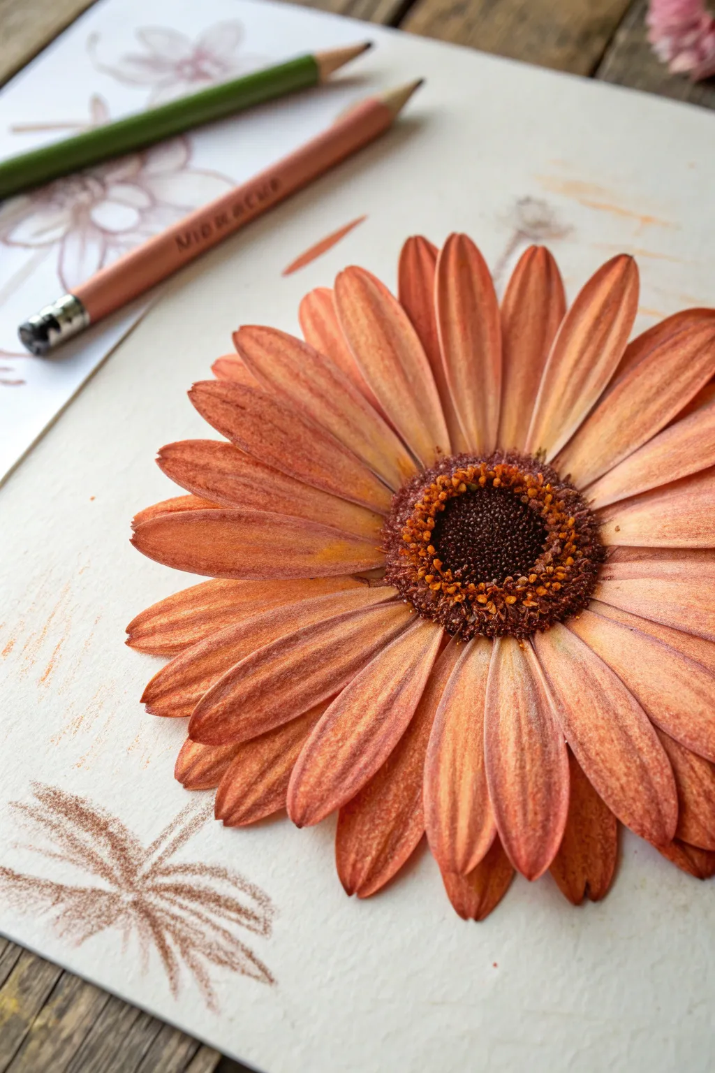 Bold crayon flower study with heavy-pressure blending, burnished petals, and a textured center