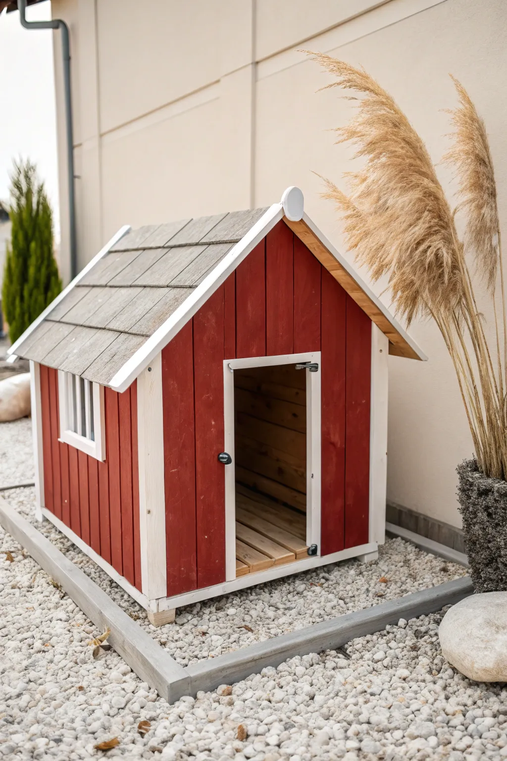 Barn-red dog house with painted plank-door detail and crisp trim for modern farmhouse charm