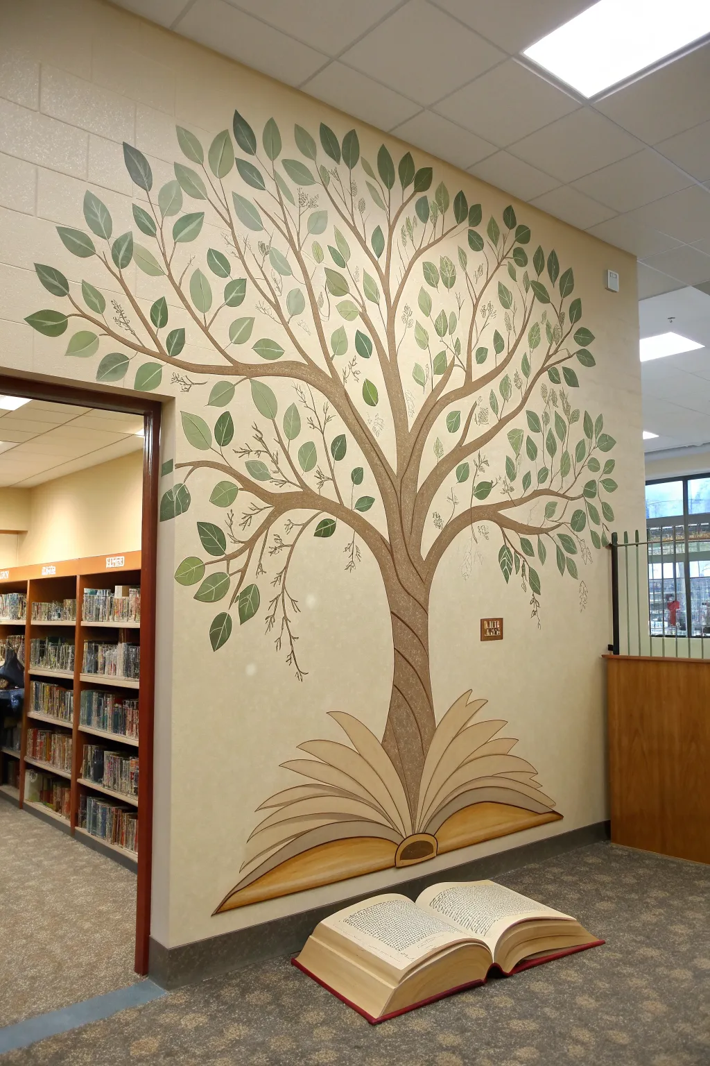 Tree of Knowledge mural idea: a calm library feature with a book-rooted tree in soft neutrals.