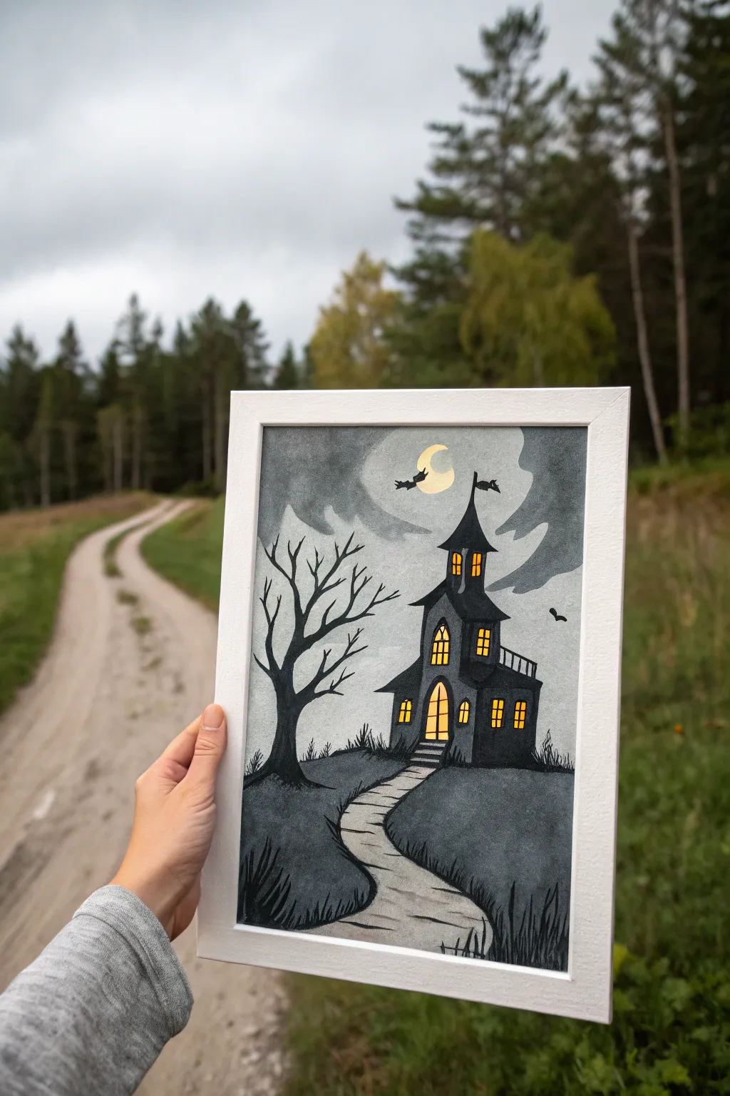 Minimalist haunted house with sickly glowing windows, a chic eerie motif for your next painting