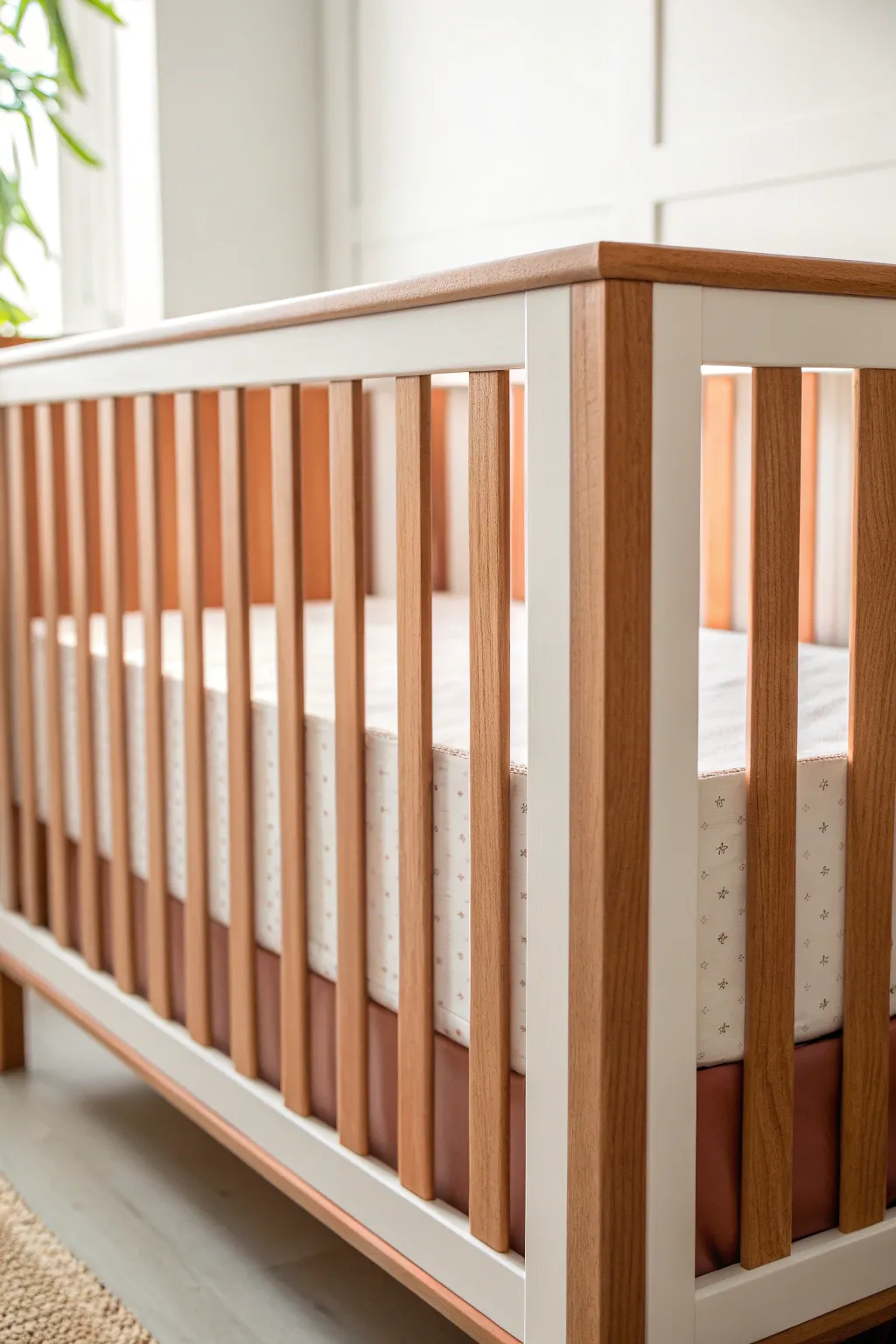Two-tone crib rails in warm white and muted clay, crisp slats for a calm modern nursery look