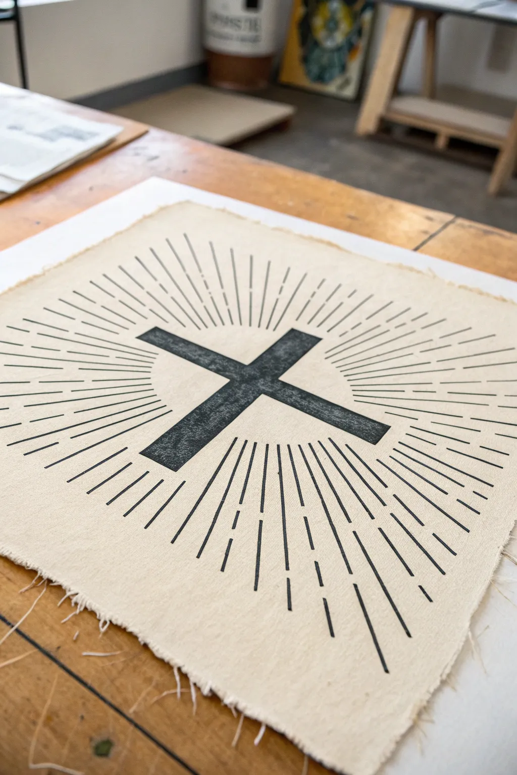 Radiant cross sketch with sunburst rays, minimalist boho style, crisp contrast and calm glow.