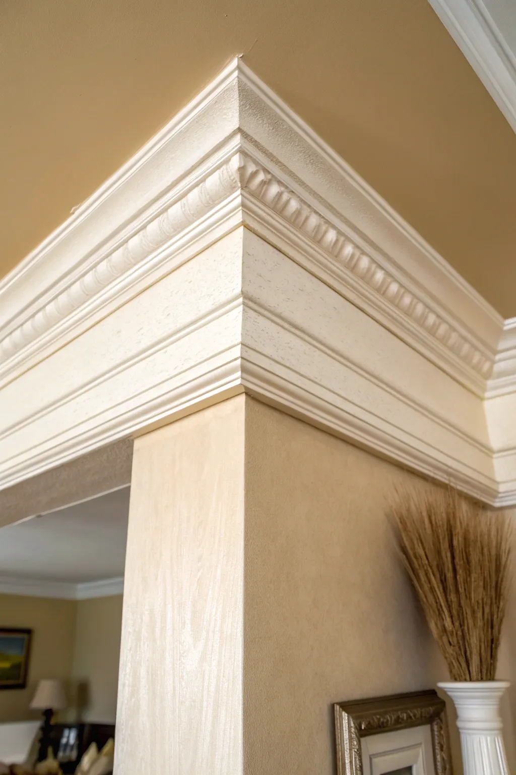 Creamy off-white crown molding brings vintage charm and soft contrast to classic walls.