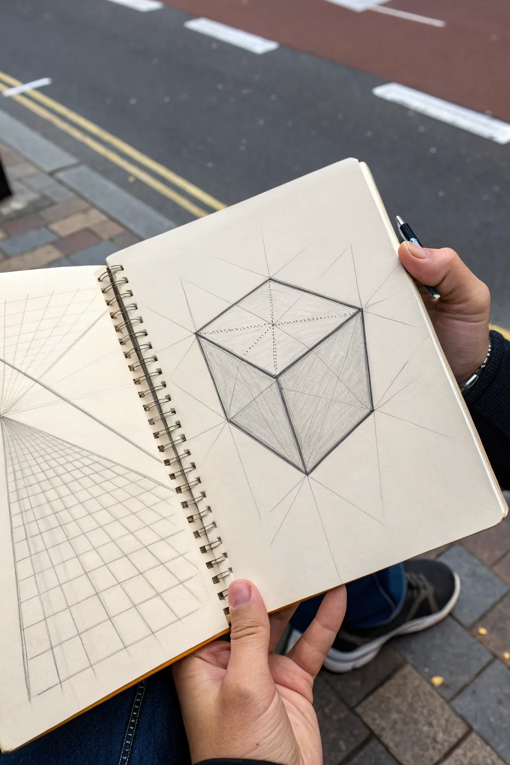 Two-point perspective street cube sketch with a grounding grid, clean lines, and soft minimalist style