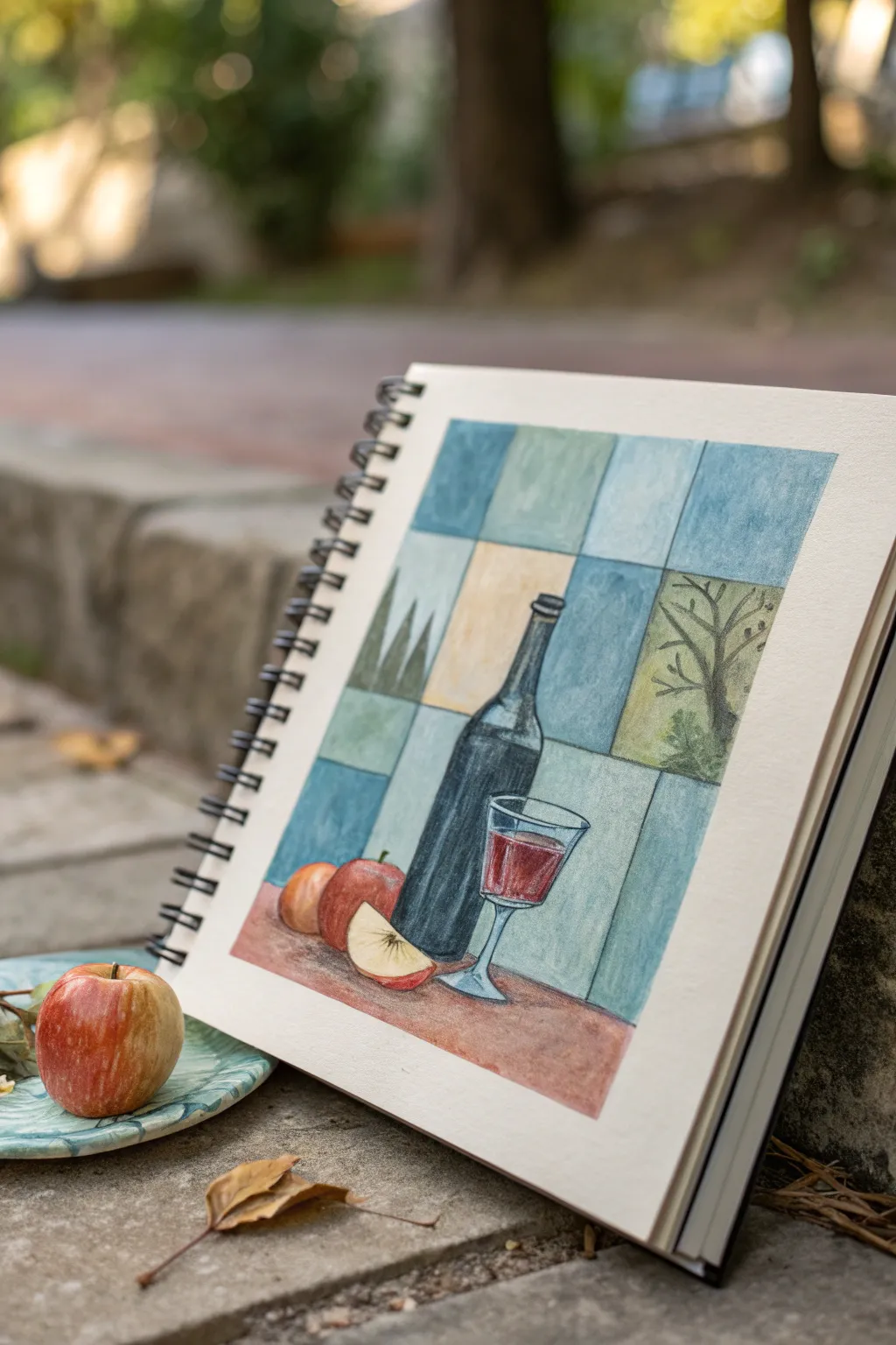 Create cubist planes with bottle, glass and fruit using warm cool blocks for a clean modern look.