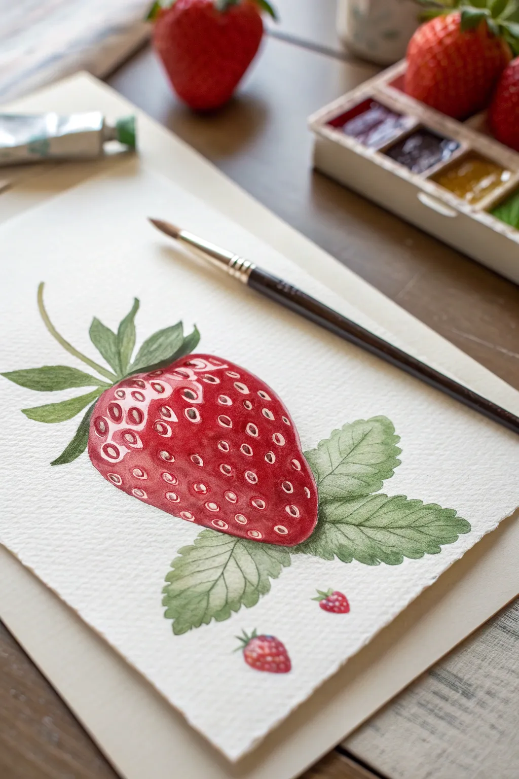 Candy-gloss strawberry acrylic study with oversized seeds and mint leaves, clean minimal vibe