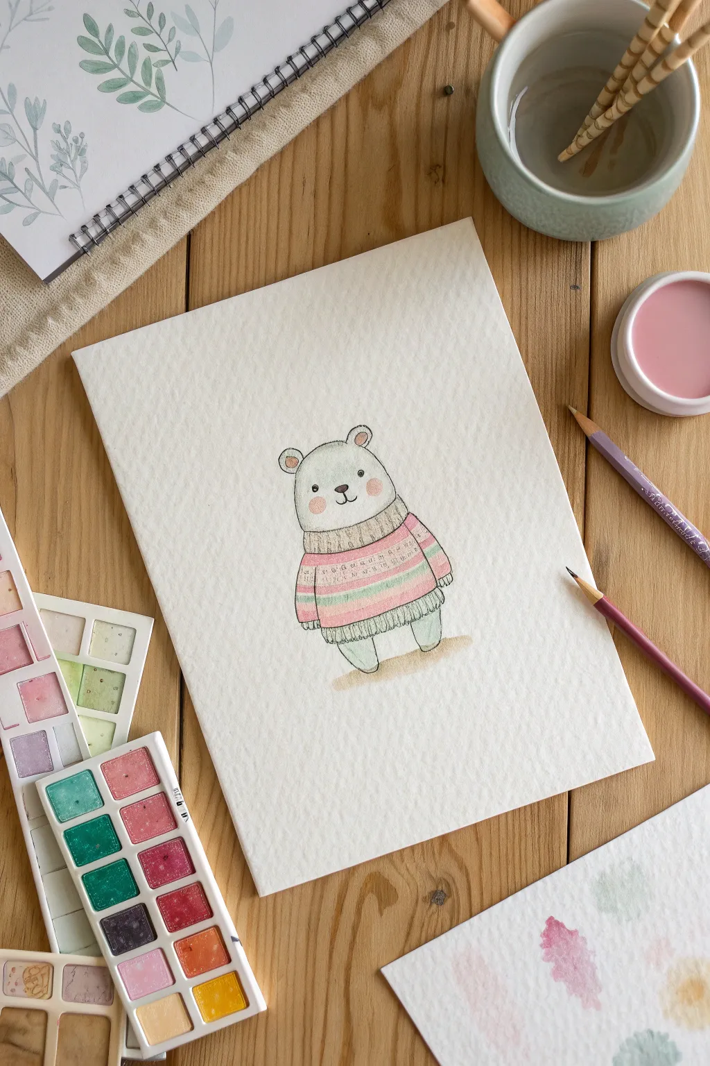 Soft pastel character in an oversized sweater with matching swatches, calm minimalist charm.