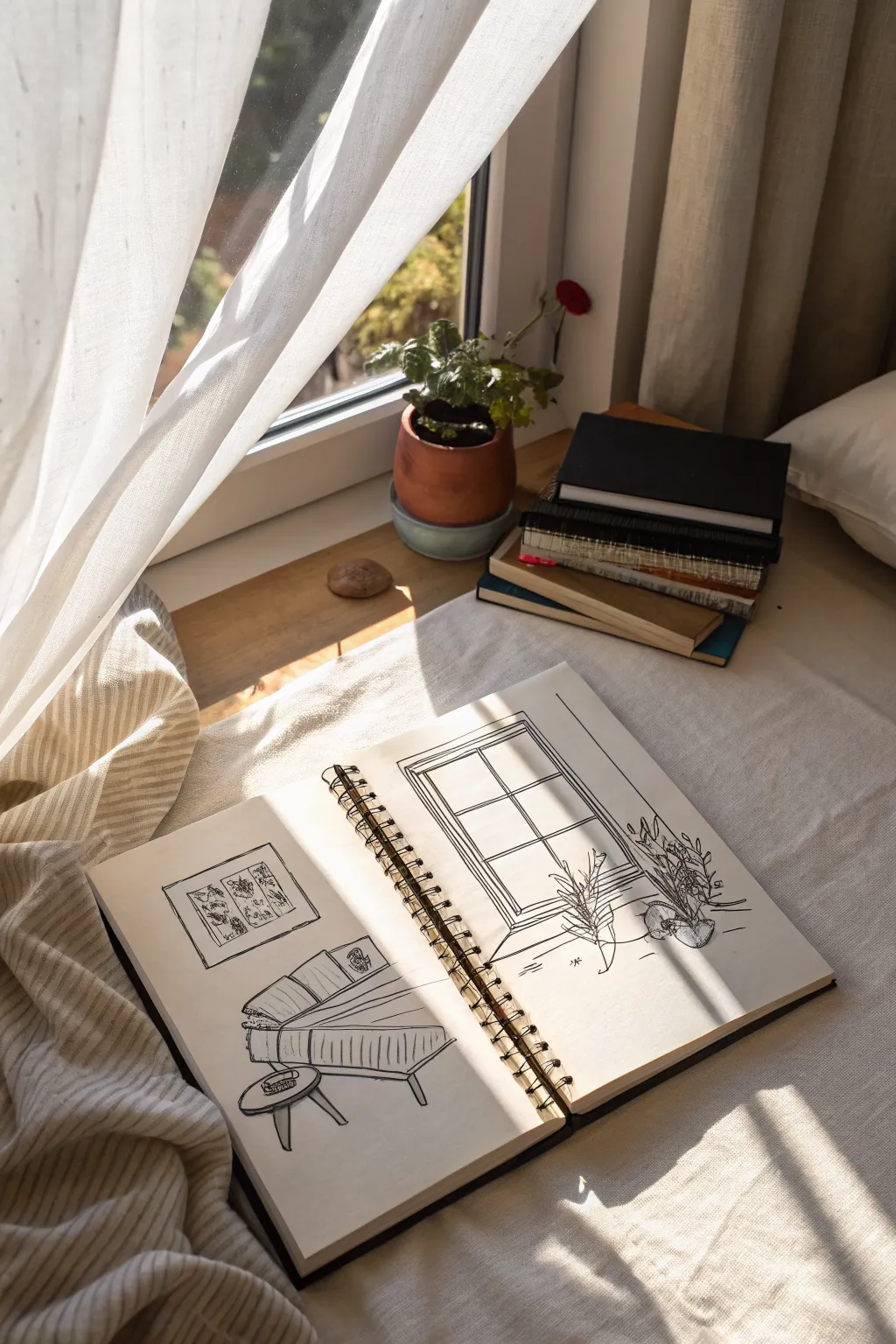 Sketch a cozy bed by a sunlit window with diagonal beams, a curtain edge, and a small book stack.