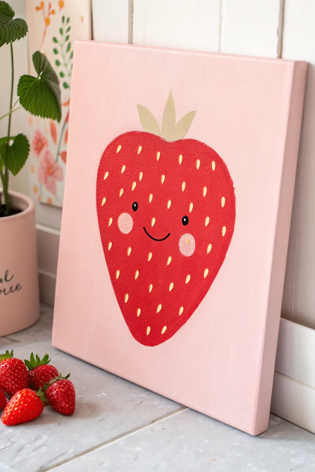 Sweet minimalist strawberry canvas idea with a tiny smile, perfect for cozy boho decor