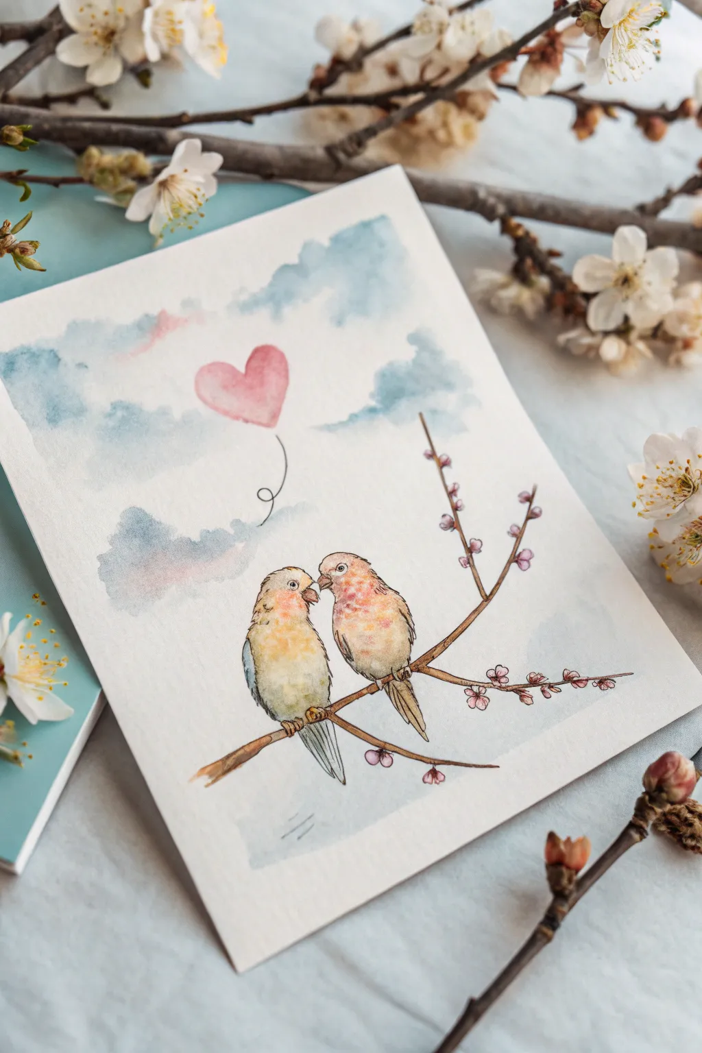 Sweet lovebirds watercolor with soft sky wash and tiny heart, minimalist boho romance