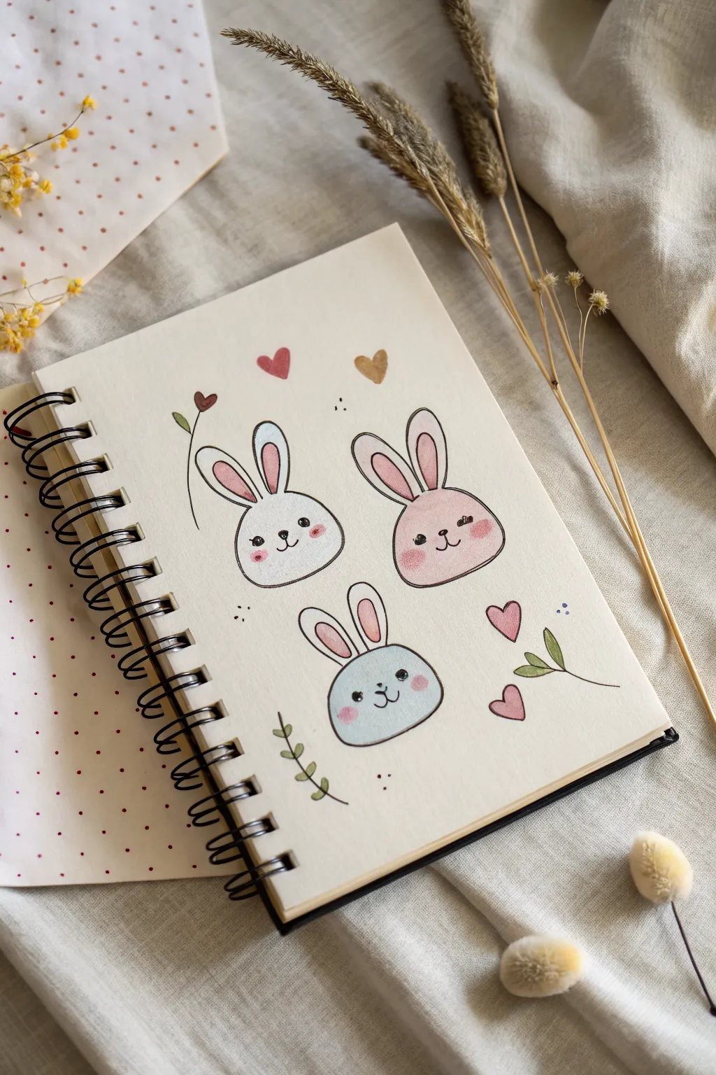 Bunny mochi blob doodles with pastel bows and hearts for extra cute, minimalist drawing inspo