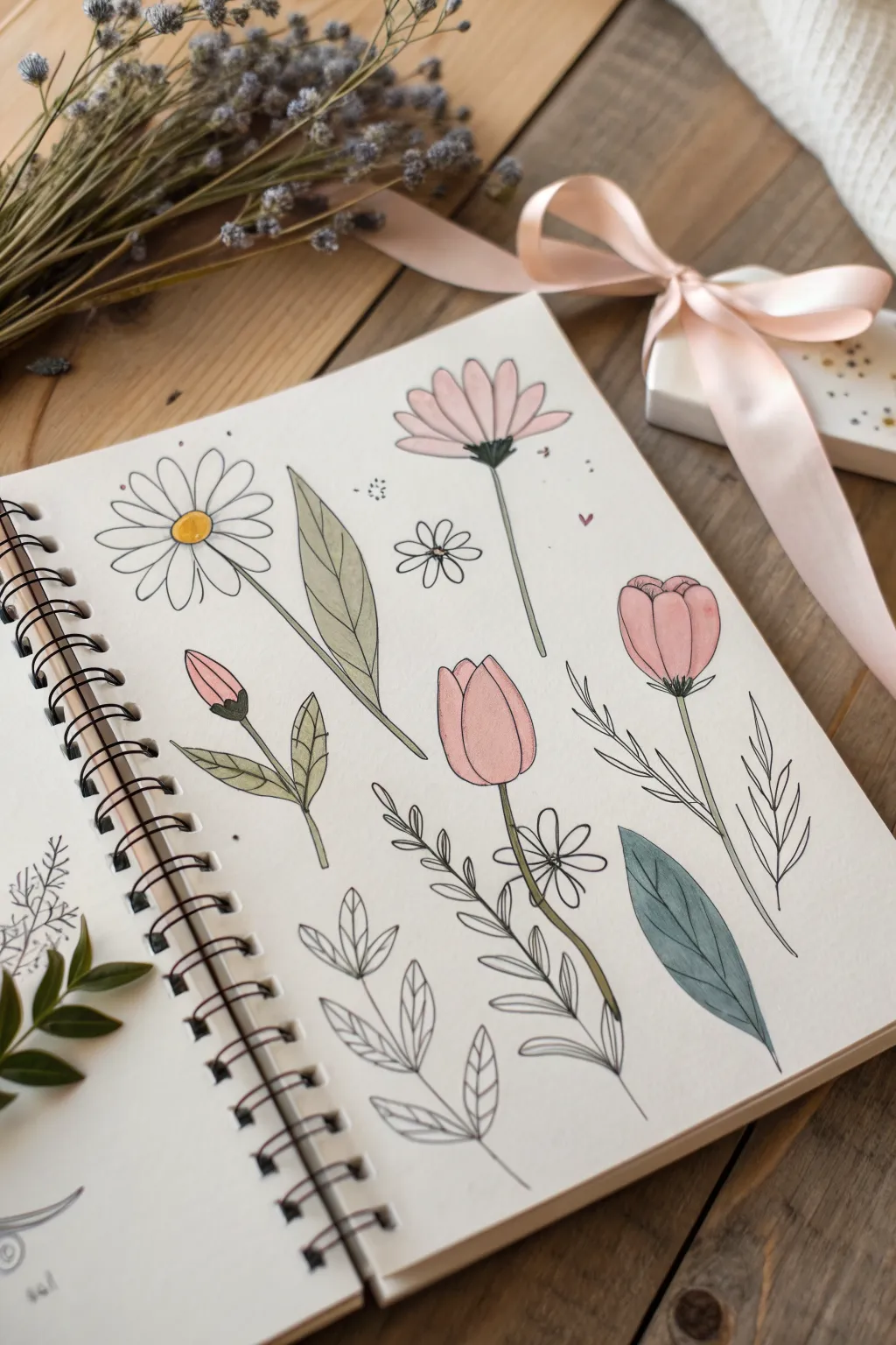 Minimal flower sprigs and tiny bows with soft pastel washes for cute aesthetic drawing ideas.