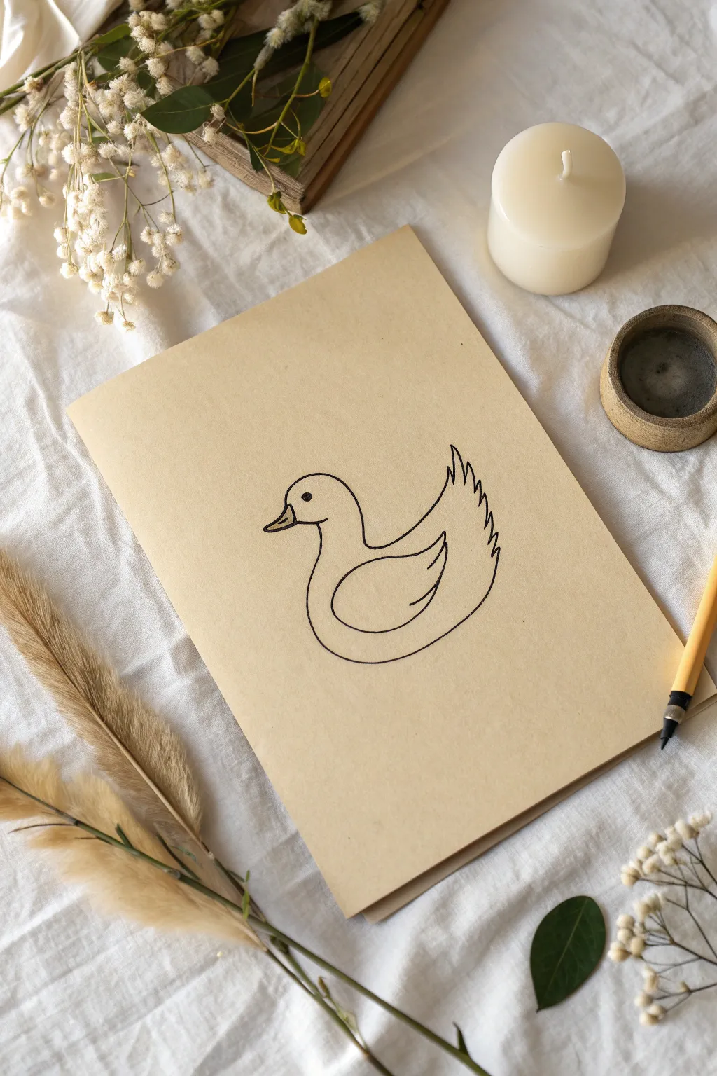 Minimal line art duck on textured paper, clean Scandinavian vibe with soft boho warmth.