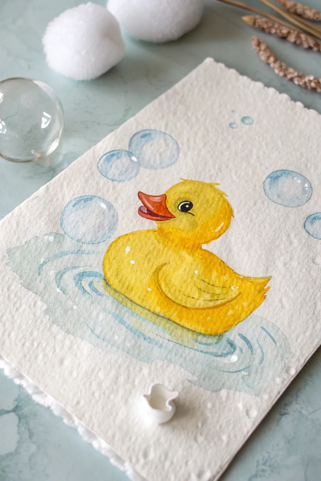 Easy rubber ducky bubble bath painting idea in soft blues and sunny yellow, beginner friendly